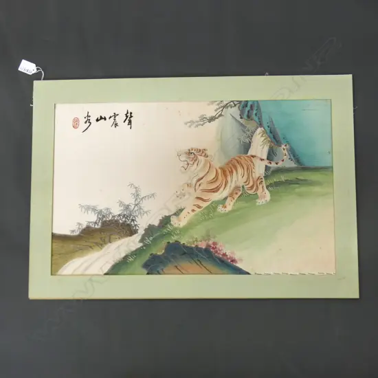 CHINESE PAINTED & EMBROIDED SILK TIGER ARTWORK 350x560mm