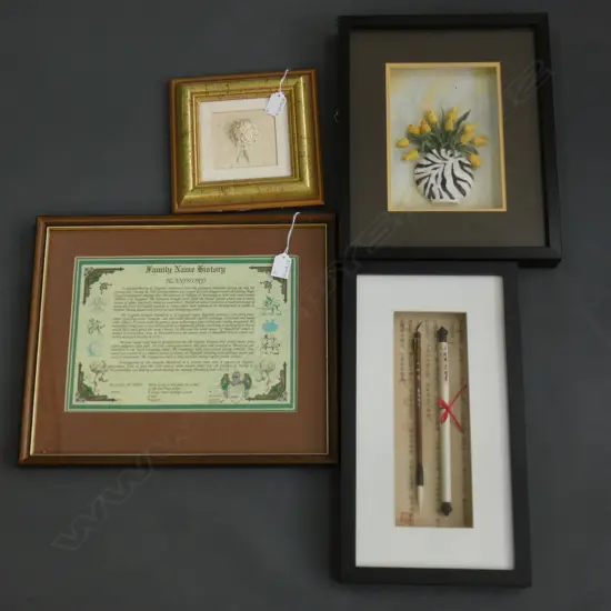 4 FRAMED ART PRINT / 3D FLOWERS & FRAMED ORIENTAL CALLIGRAPHY BRUSHES (LARGEST 310 X 320MM)