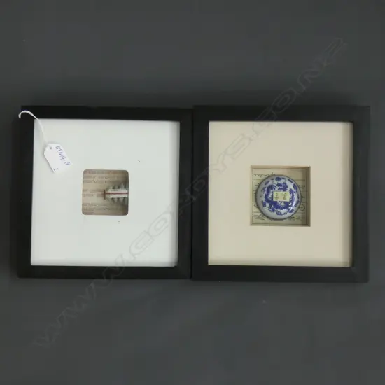 2 FRAMED ORIENTAL ART - STONE ART & BLUE & WHITE BOWL INCL FRAME SQ 215MM