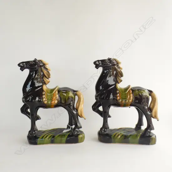 PR TANG DYNASTY STYLE TRI COLOUR GLAZED POTTERY HORSES L 295 H 365MM