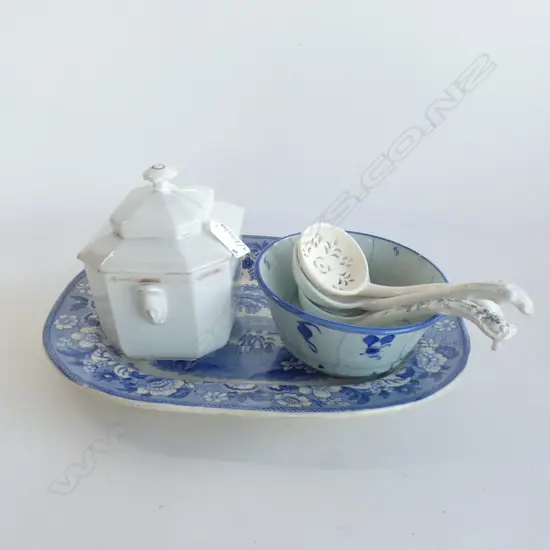 B/W 'EATON COLLEGE' ASHETTE, BOWL, 3 SOUP SPOONS, LIDDED SUGAR BOX