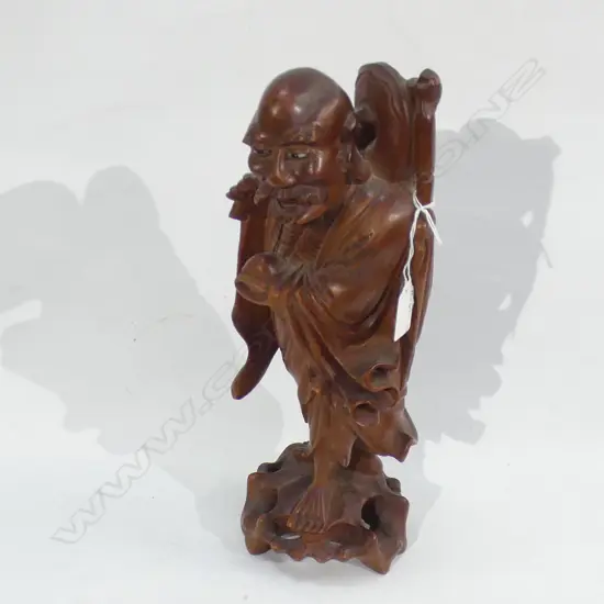 ORIENTAL CARVED WOODEN OLD MAN - SPLIT TO THE WOOD H. 380MM