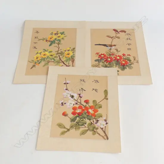 3 JAPANESE FLOWER & BIRD PAINTINGS ON SILK 170 X130MM