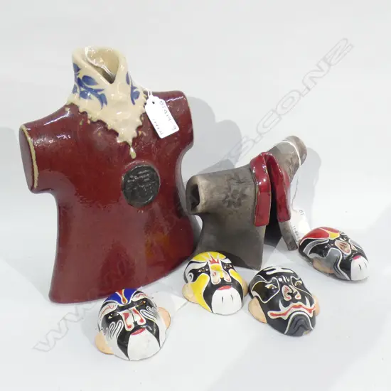 ORNAMENTAL POTTERY ORIENTAL JACKET (H 110MM) ORIENTAL GLAZED POTTERY DRESS VASE  + 4 SM KABUKI WALL MASKS 70MM 1 A/F