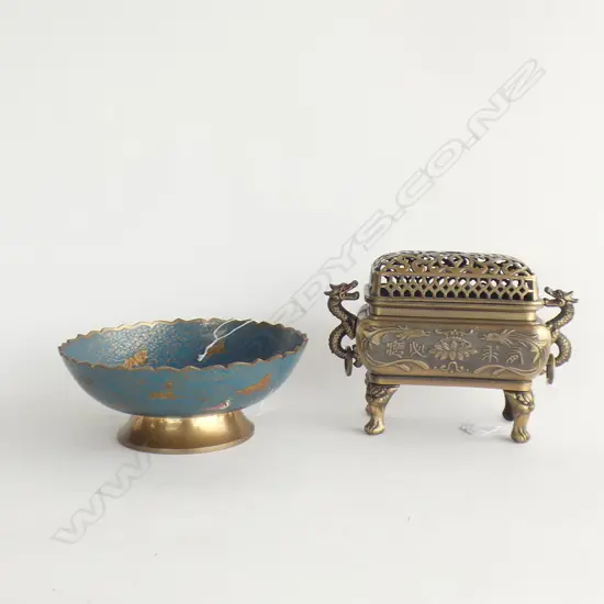 ORIENTAL BRASS & ENAMEL BOWL (DIA 185MM) + LIDDED BOX W DRAGON HANDLES L 185MM