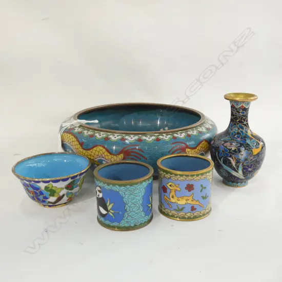 CLOISONNE BOWL(DIA 220MM) + 2 TOOTHPICK CUPS / BUD VASE & FINGER BOWL