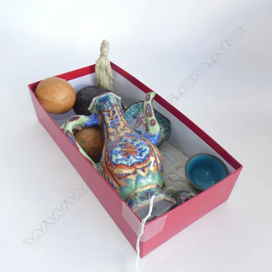 11 CHINESE ITEMS; SEED POD PURSE + 2 BALLS, SOAPSTONE LADY & BUCKLE, 5 PCES CLOISONNE, JUG