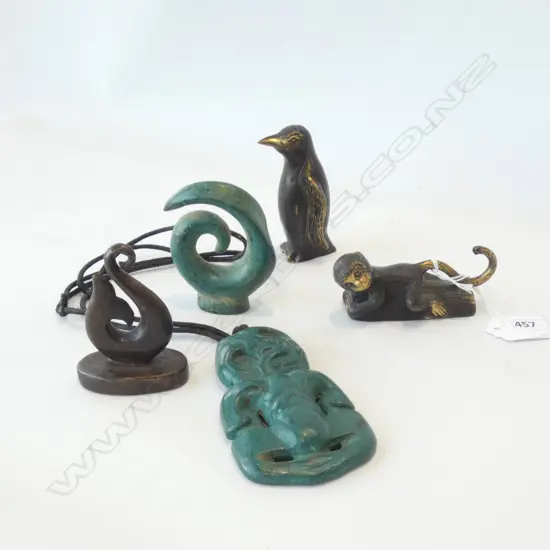 5 METAL ITEMS; TIKI, 2x KORU, PENGUIN & MONKEY L.100mm