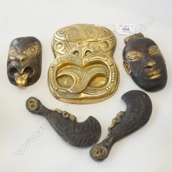 3 BRONZE MAORI FACES + 2 PATUS L.135mm