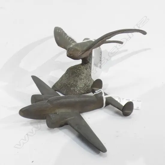 2 VINTAGE CAST IRON BRONZED SCULPTURES; SWALLOW (H90MM) & WAR PLANE (L120MM)