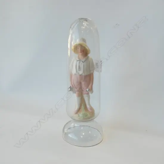 VINTAGE GLASS DOME & PORCELAIN BISQUE FIGURE H290MM