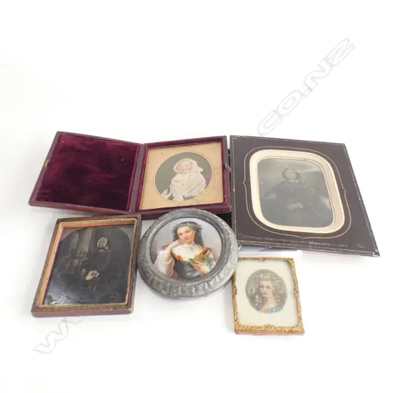 2 DAGUERREOTYPES + 2 PORTRAITS + POT LID ALL OF WOMEN