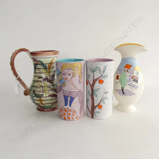 4 CERAMICS; FLOSMARON VASE, HAND PAINTED JUG, PR ITALIAN VASES H.195mm