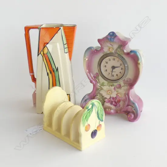 VINTAGE GERMAN FLORAL PORCELAIN MANTLE CLOCK (H 180MM) WADE HEATH ART DECO JUG (H190MM) + CARLTON WARE TOAST RACK