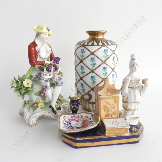 ANTIQUE MINIATURE DESK SET, 19thC HARD PASTE FIGURE, BAVARIA VASE H.115mm