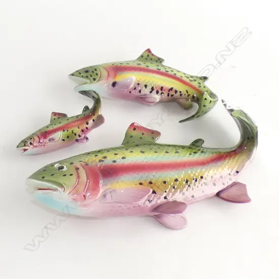 3 JAPANESE RETRO PORCELAIN SALMON WALL PLAQUES 90 X 220MM