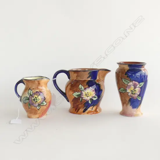 2 H & K TUNSTALL VIOLA HAND PAINTED PCS VASE (H 137MM) & JUG  (H 120MM) + 1 OTHER SM VIOLA JUG EXCELLENT CONDITION