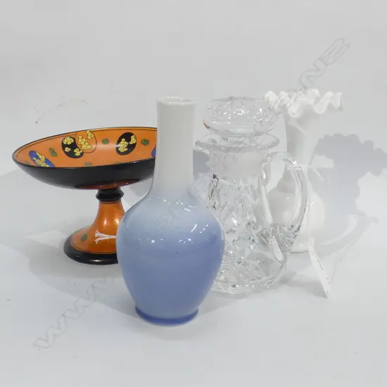 ROYAL DOULTON ART DECO COMPORT (DIA 140MM)ROYAL COPENHAGEN VASE (H 145MM) + GLASS VINEGAR BOTTLE & MILK GLASS VASE