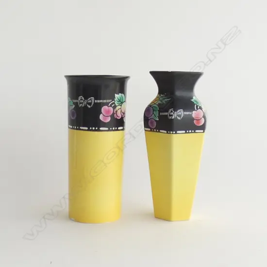 2 ART DECO SHELLEY VASES; BLACK & YELLOW W FRUIT & BOWS H  165MM 
