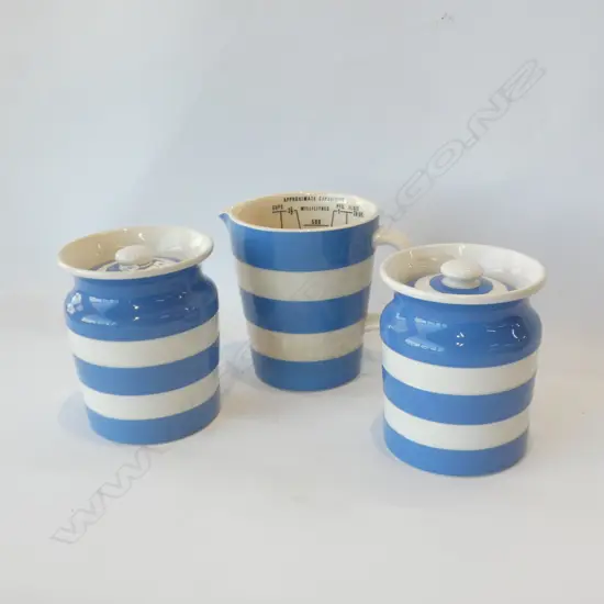 3 PCES CORNISH WARE; JUG + 2 LIDDED CONTAINERS