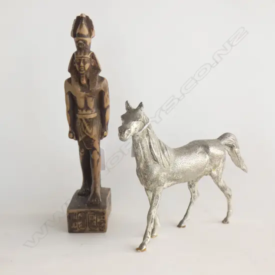 EGYPTIAN FIGURINE (HI 270MM) + HEAVY SILVER PLATED HORSE (L 245MM) 