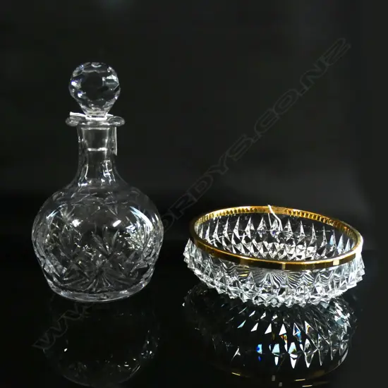 CUT GLASS DECANTER (H 245MM) + CUT GLASS BOWL W GOLD RIM (DIA 185MM)
