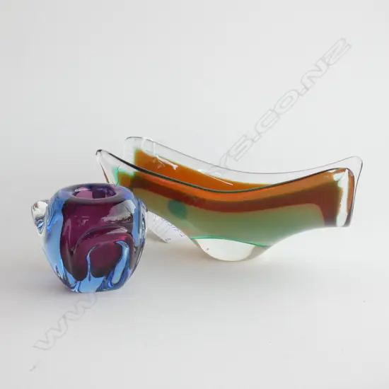 MURANO GLASS;  CANDLE HOLDER (H 65MM) & SM DISH L 180MM