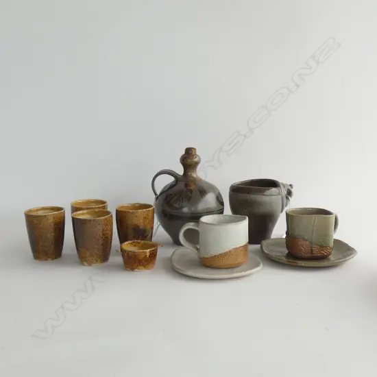 11 PCES ASST. STUDIO POTTERY; 4 CUPS, 2x C/S, LARGE CUP, MINI FLAGON
