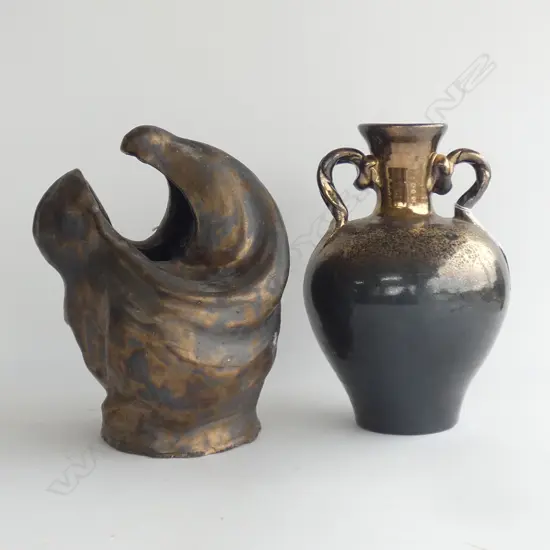 2 PCES STUDIO POTTERY; GOLD GLAZES - PAUL LAIRD VASE + BOB HISLOFF 'THE LADY' H.250mm