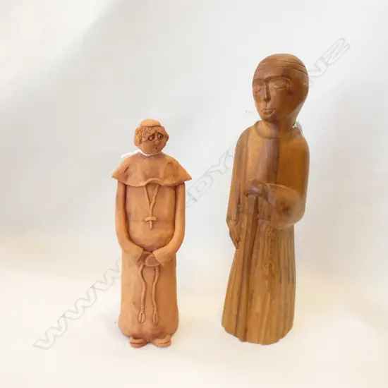 2 RELIGIOUS FIGURES; 1 POTTERY (H 285MM) 1 WOODEN CARVED (H 360MM)