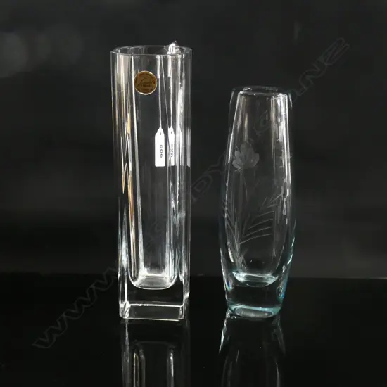 2 HEAVY BASE GLASS VASES; 1 BLUE TINGED ETCHED (H 205MM) & ONE CRISTAL D'AQUES (H 235MM)