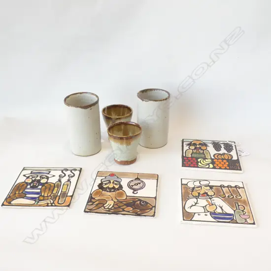 4 SM TILES & 4 PC POTTERY SAKE SET