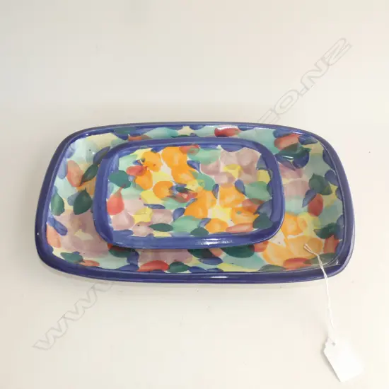 MULTI COLOURED TONY SLY POTTERY - 2 OBLONG PLATES (L 335 & 205MM)