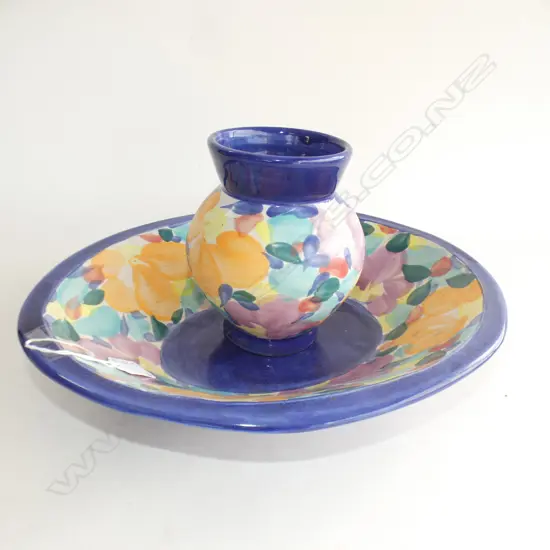 2 PCS MULTI COLOURED TONY SLY POTTERY; LG DISH (370 X 305MM) & VASE