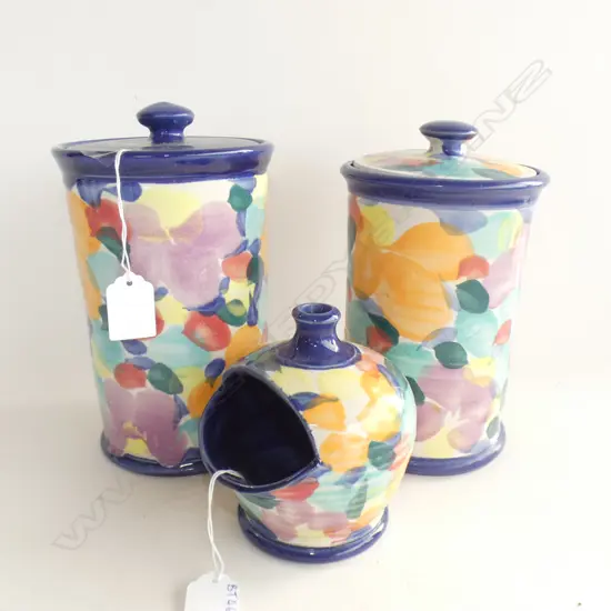 MULTI COLOURED TONY SLY POTTERY;  2 LIDDED JARS (H 200MM) & SALT PIG LID A/F