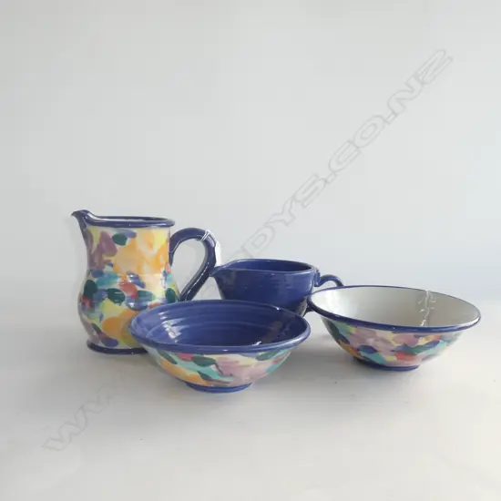 3 MULTI COLOURED TONY SLY POTTERY PCS; JUG (H 150MM), 2 BOWLS (DIA  185MM) + BLUE JUG (H 100MM)