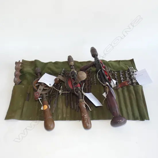 3 ANTIQUE HAND DRILLS + ROLL OF DRILL BITS