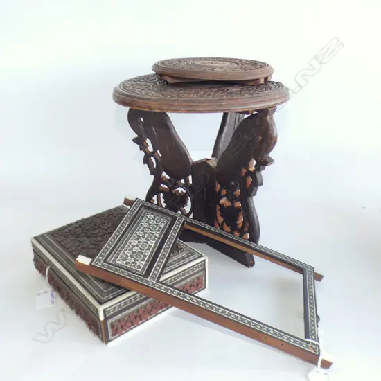 BOX INLAID FRAME, CARVED INLAID BOX + 2 SMALL CARVED FOLDING TABLES (DIA230MM & 160MM) **RTV**