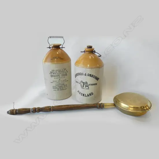 2 VINTAGE CROCKS + BRASS BED WARMER