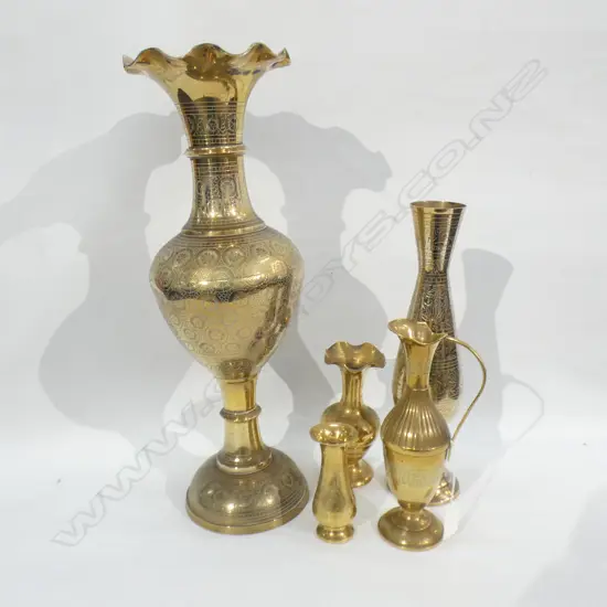 5 PCES BRASS; 4 VASES & JUG