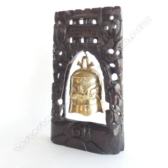 VINTAGE CHINESE BRASS GONG IN CARVED WOODEN STAND 240 X 440mm