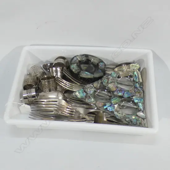 TRAY OF OLD SILVER PLATE CUTLERY + 6 SILVER PLATE NAPKIN RINGS & GLASS & PAUA TEALITE CANDLE HOLDER & ASHTRAY