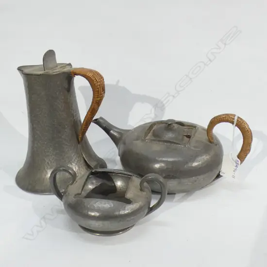 3 VINTAGE PEWTER PCS; HOT WATER JUG, TEAPOT & SUGAR BOWL - THE TEAPOT & JUG & CANE HANDLES 