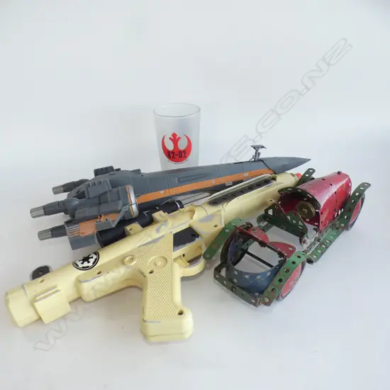 BOX ASST OLD TOYS; MECCANO CAR/ GUN / ROCKET ETC..
