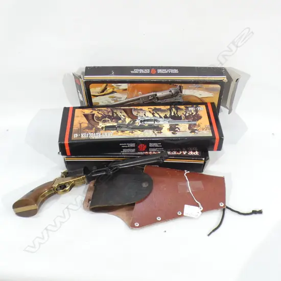 3x 45 CALIBRE REPLICA REVOLVERS, BOXED + 2 GUN SHEATHS