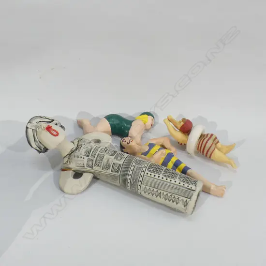 3 COMICAL CERAMIC SWIMMER ORNAMENTS & COMICAL POTTERY LADY (WITH REPAIR) (H 290MM)