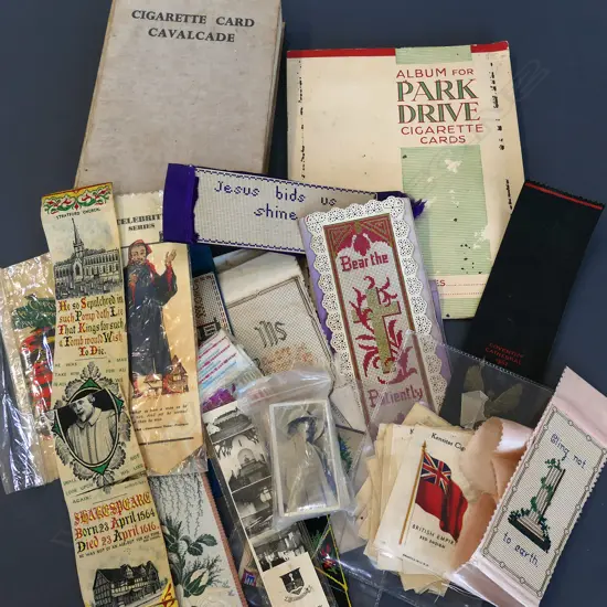ASST. ANITQUE BOOKMARKS, STEPHENGRAPHS & CIGARETTE CARDS + BOOK 