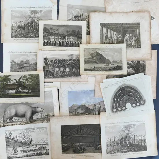 20 (APPROX) ENGRAVINGS FROM CAPTAINS COOKS TRAVELS IN ALASKA, TAHITI ETC