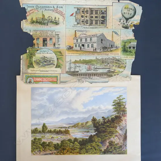 CHROMOLITHOGRAPH EARLY AUCKLAND BUSINESSES 1889 AF 300x400mm + LANDSCAPE PRINT 
