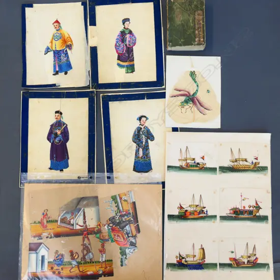 ASST. ASIAN RICE PAPER PAINTINGS + CHINESE BOUND BOOK
